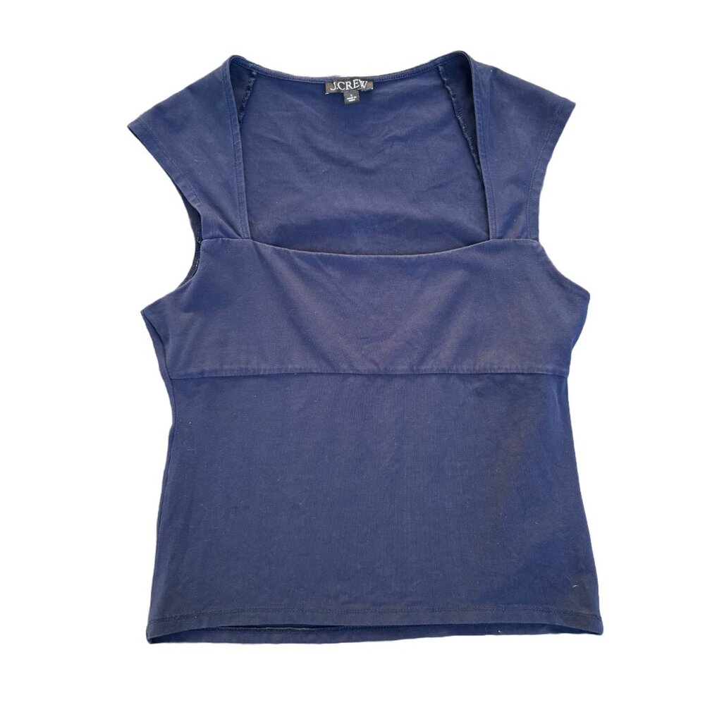 J. Crew Navy Blue Square Neck Bodycon Semi Crop Top with Cap Sleeves